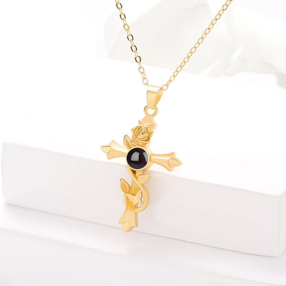 Custom Hidden Photo Projection Vintage Rose Cross Necklace - Hidden Forever